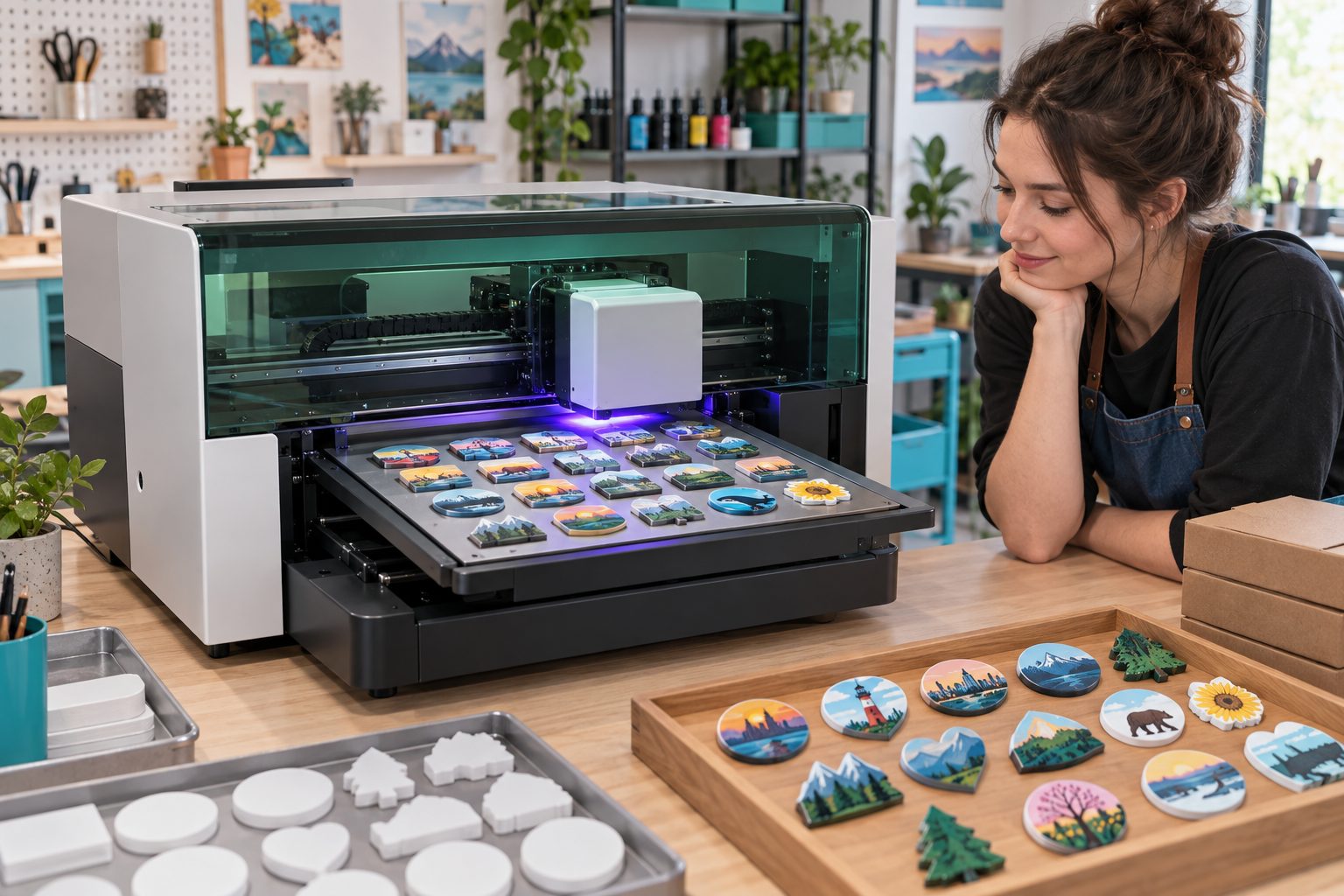 KI-Visualisierung: UV-Druck eines Magnetmotivs, Detailaufnahme