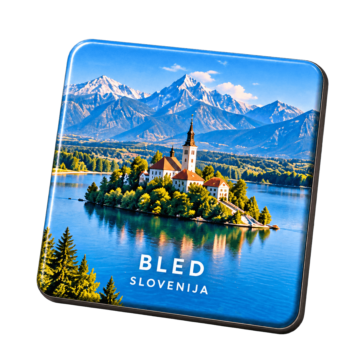 Eckiger Kühlschrankmagnet mit Bergmotiv von Bled, Slowenien (KI-Visualisierung)
