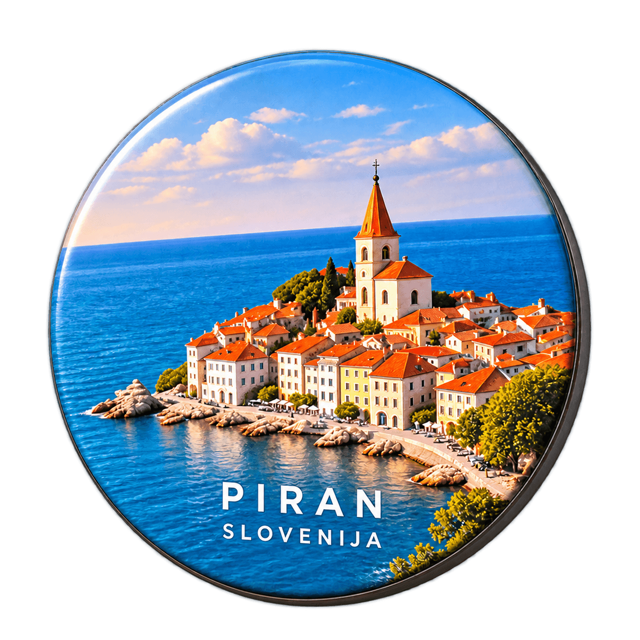 Runder Kühlschrankmagnet mit Motiv von Piran, Slowenien (KI-Visualisierung)