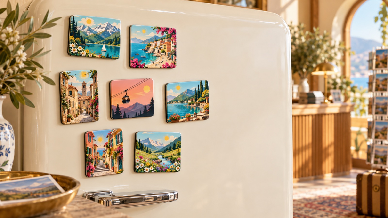 Bunte Urlaubsmagnete mit Berg-, See- und Ortsmotiven an einem Kühlschrank (Konzeptvisualisierung)