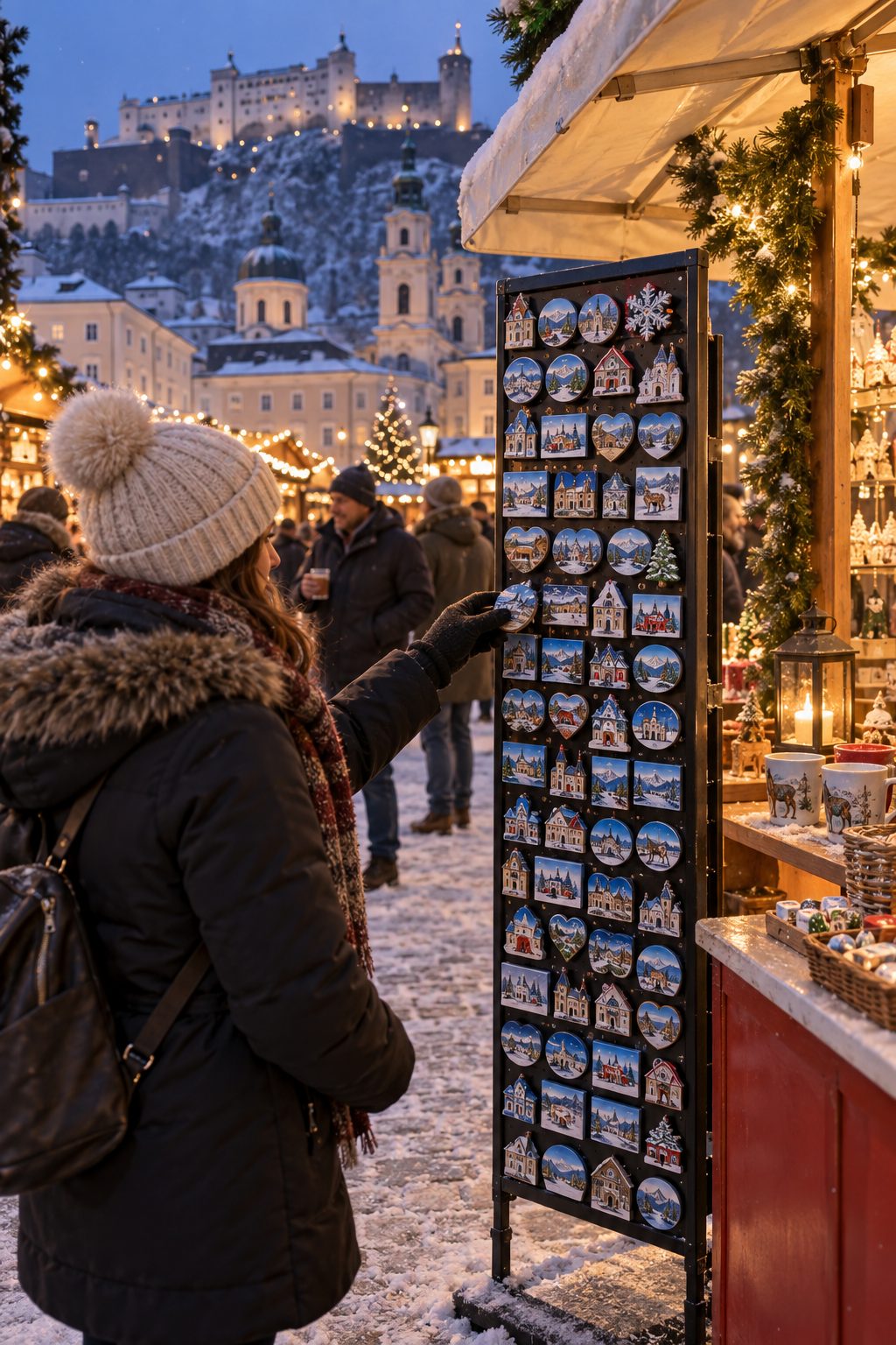 KI-Visualisierung: winterlicher Marktstand mit Magnetauswahl
