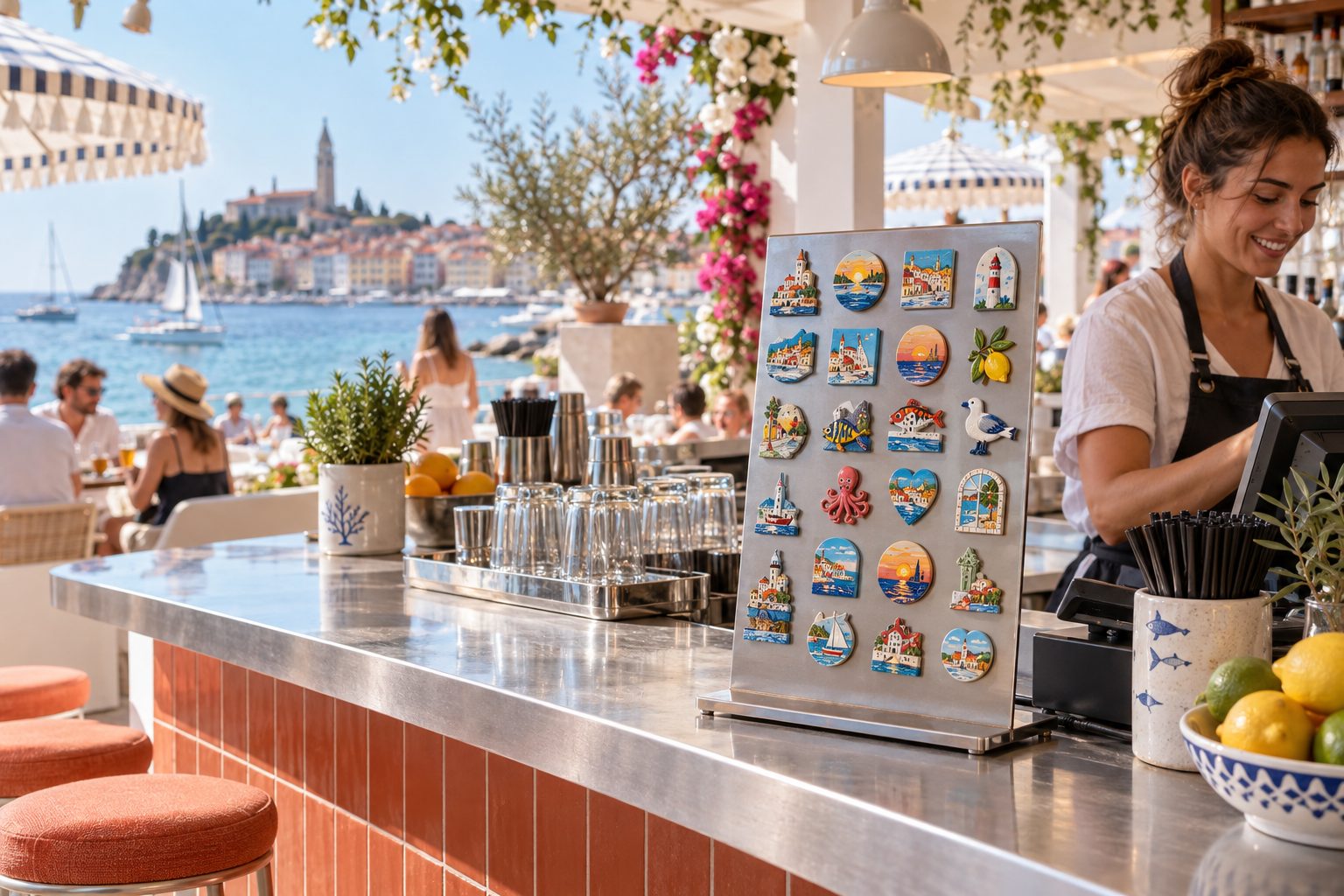 KI-Visualisierung: Strandbar mit kleinem Magnetaufsteller auf der Theke
