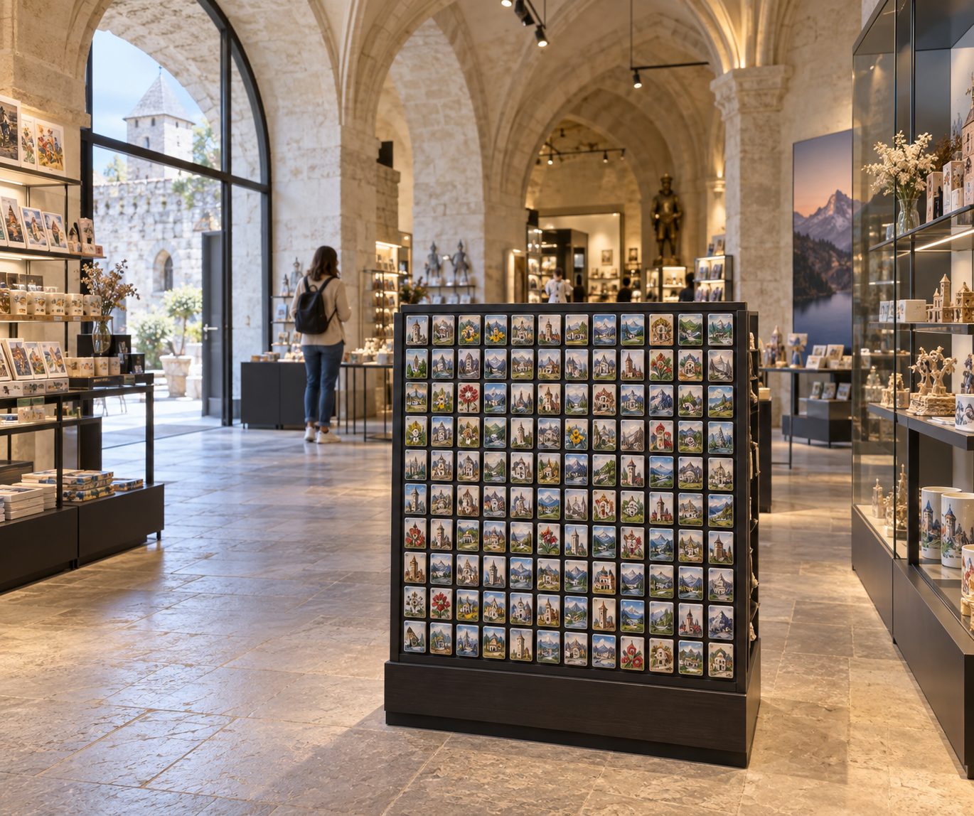 KI-Visualisierung: Besucherzentrum einer Burg mit Magnetpräsentation