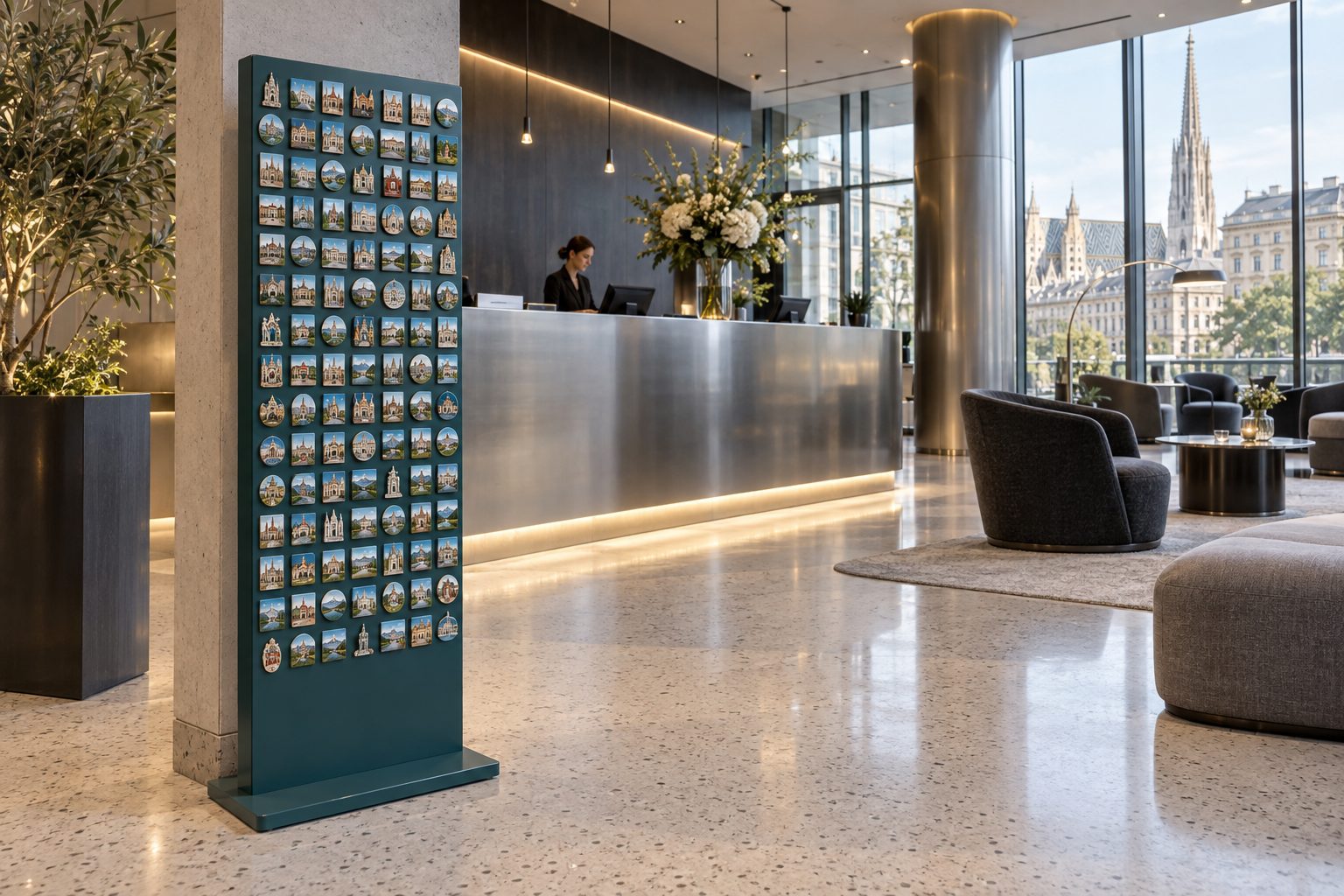 KI-Visualisierung: Hotellobby mit kleinem Magnetaufsteller an der Rezeption