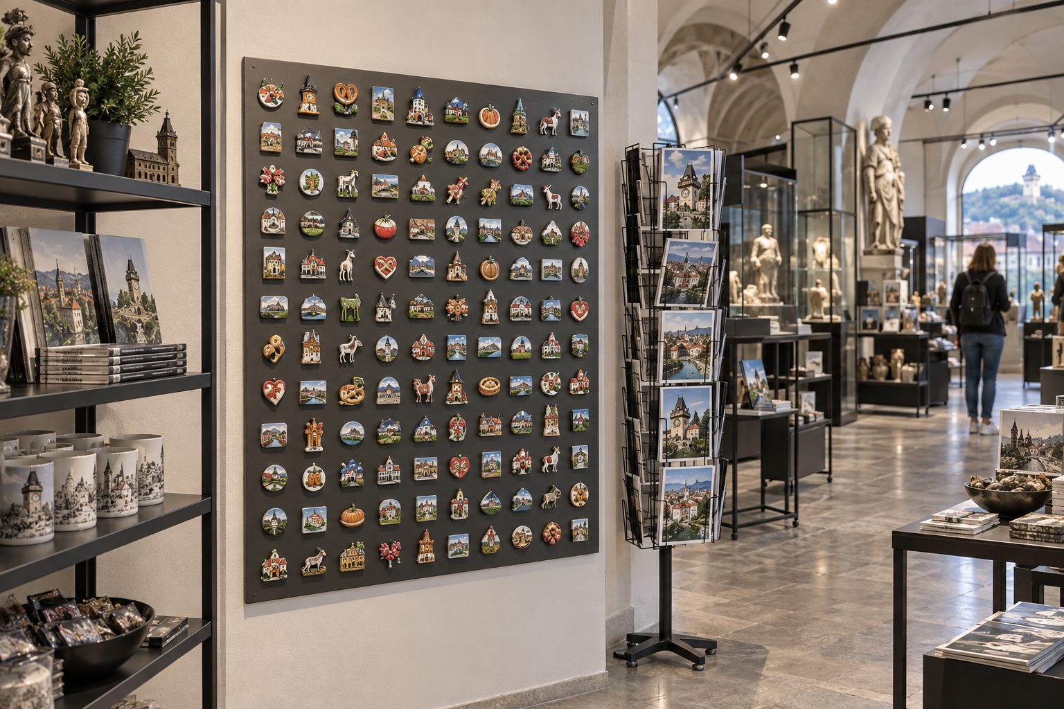 KI-Visualisierung: Museumsshop mit Magnetpräsentation an der Kasse